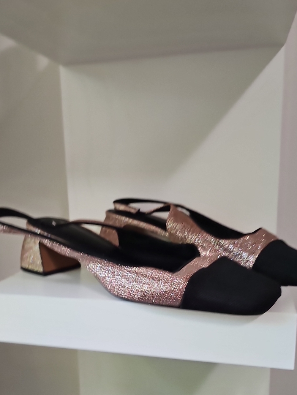 ASOS Rose Gold Glitter and Black Slingback Low Block Heels